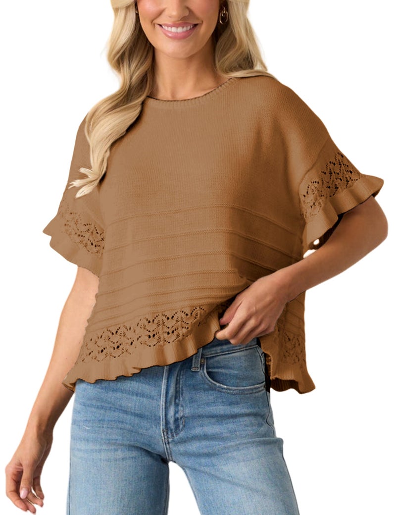 Yeokou Womens Short Sleeve Sweater Round Neck Ruffled Hem Knit Crochet Pullover Summer Fall Casual Top Blouse(Brown-XL) - Image 1